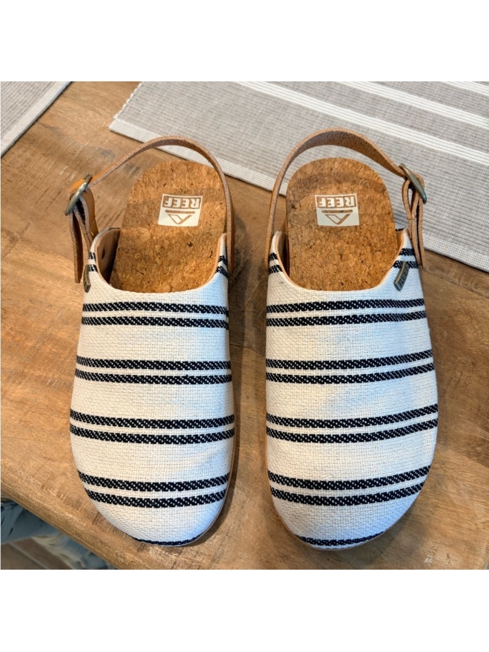 Reef Women's White and Black Striped Slingback Clogs